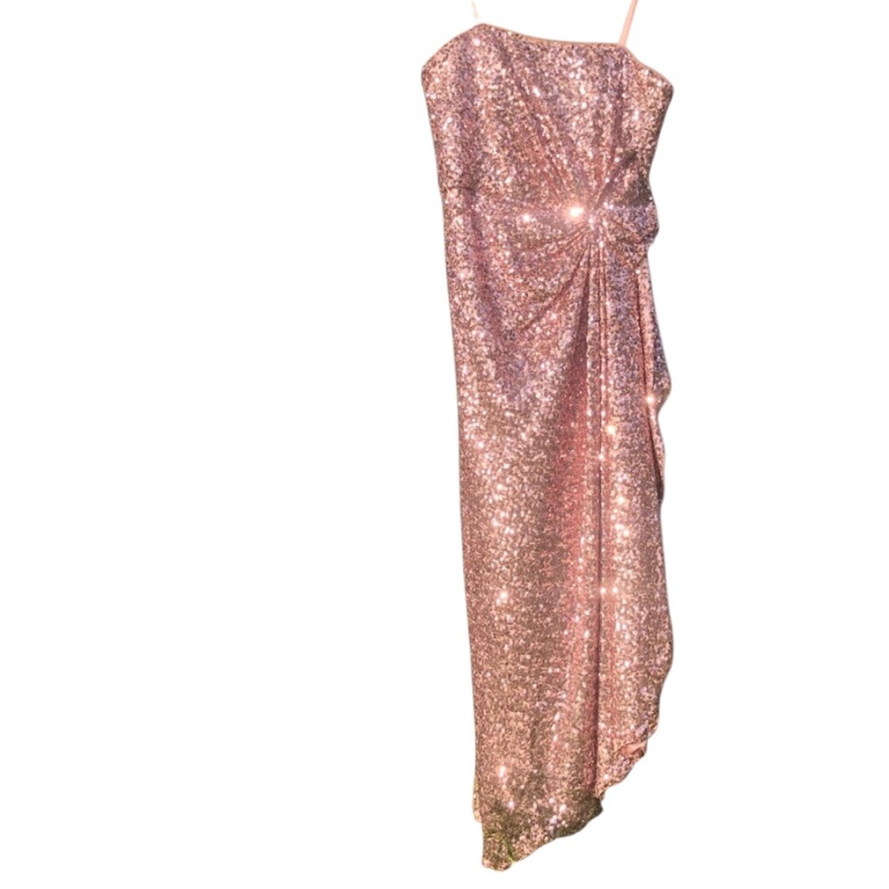 rose gold pink Golmetallic Aiden Mattox side twist  strapless sequin dress